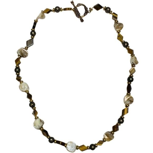 Vintage Abalone Shell Tiger Eye Beaded Brass Chain Summer Necklace 22in - Picture 3 of 7